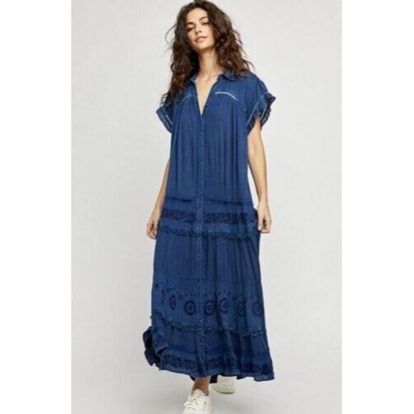 Free People Pretty Cozy Maxi Dress Buttondown Tiered Lace Embroidered XS 265211 - Picture 3 of 9